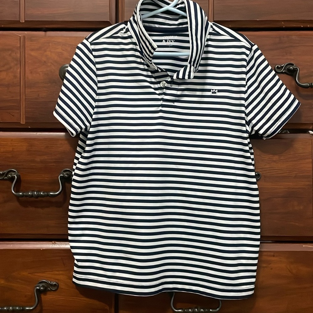 Blue and white strip kids small performance polo